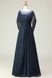 Navy Sequin A Line Round Neck Long Mother of the Bride Dress with Sheer Sleeves