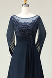 Navy Sequin A Line Round Neck Long Mother of the Bride Dress with Sheer Sleeves