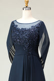 Navy Sequin A Line Round Neck Long Mother of the Bride Dress with Sheer Sleeves