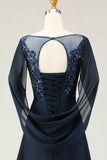 Navy Sequin A Line Round Neck Long Mother of the Bride Dress with Sheer Sleeves