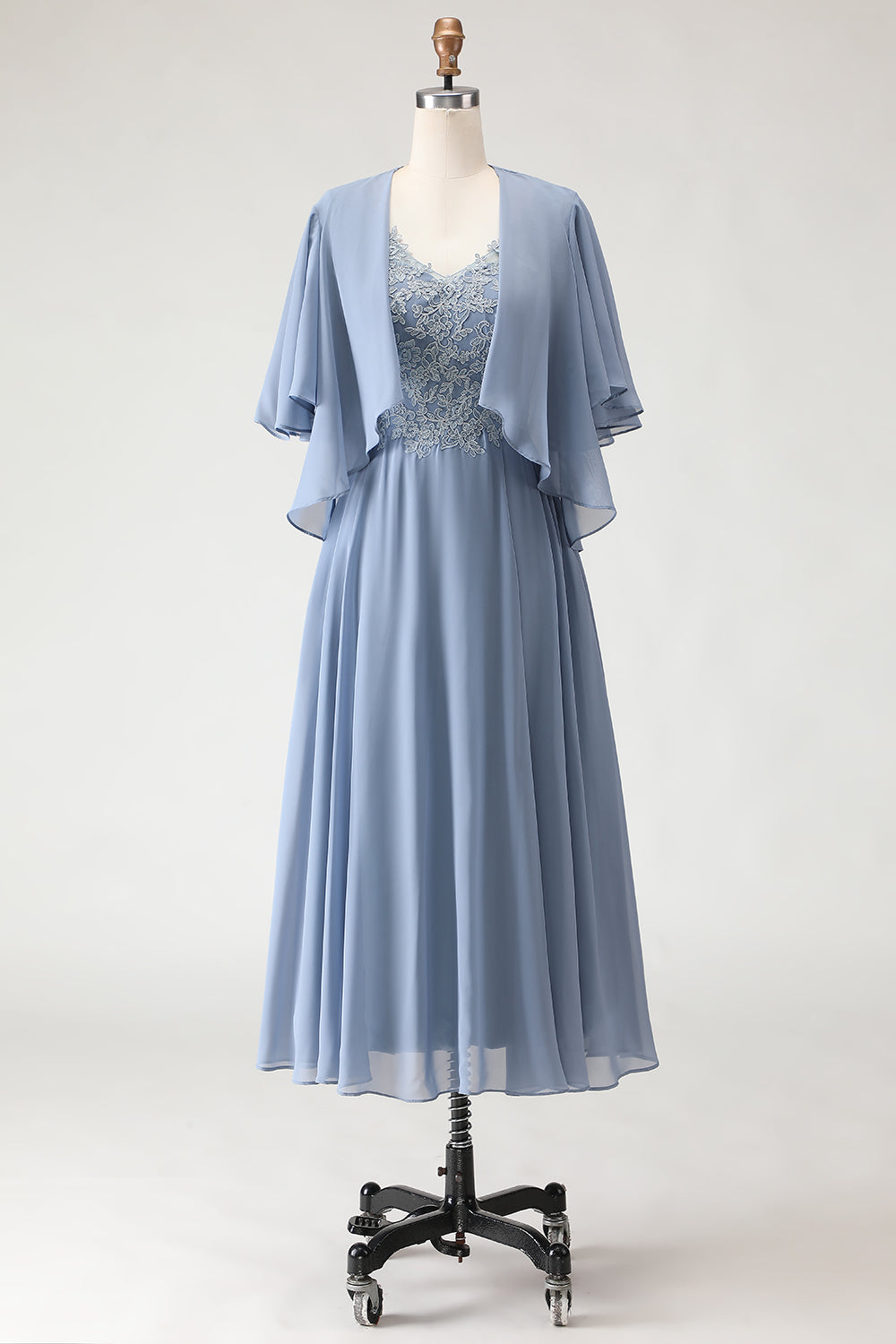 WEDTREND Women Dusty Blue Appliqued Mother of the Bride Dress Chiffon A Line V Neck Midi Wedding Guest Dress with Capelet, Dusty Blue / US16