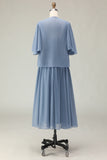 Dusty Blue A Line Appliqued V Neck Midi Mother of the Bride Dress with Capelet
