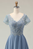 Dusty Blue A Line Appliqued V Neck Midi Mother of the Bride Dress with Capelet