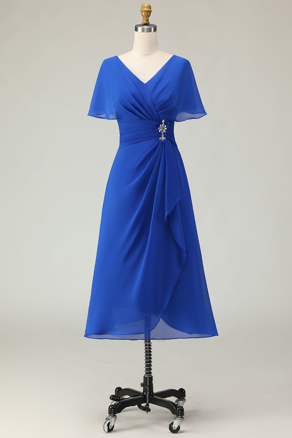 WEDTREND Women Royal Blue V Neck Mother of the Bride Dress A Line Beaded Ruched Midi Wedding Guest Dress with Short Sleeves, Royal Blue / US12