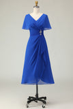 Royal Blue V Neck A Line Beaded Ruched Midi Mother of the Bride Dress