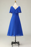 Royal Blue V Neck A Line Beaded Ruched Midi Mother of the Bride Dress