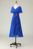 Royal Blue V Neck A Line Beaded Ruched Midi Mother of the Bride Dress