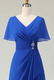 Royal Blue V Neck A Line Beaded Ruched Midi Mother of the Bride Dress