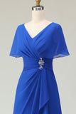 Royal Blue V Neck A Line Beaded Ruched Midi Mother of the Bride Dress