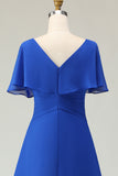 Royal Blue V Neck A Line Beaded Ruched Midi Mother of the Bride Dress