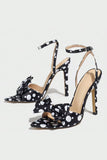 White Black Polka Dot Bowed Stiletto High Heels with Ankle Strap