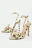 White Black Polka Dot Bowed Stiletto High Heels with Ankle Strap
