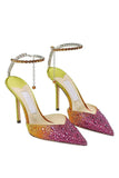 Sparkly Orange Gradient Rhinestone Pointed Toe Stiletto Heels with Ankle Chain