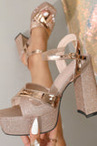 Glitter Rose Golden Open Toe Chunky High Heel Sandals