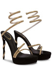 Sparkly Black Golden Open Toe Strappy Gladiator Stiletto High Heel Sandals