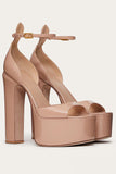 Open Toe Chunky High Heel Sandals Nude Patent Platform High Heels with Ankle Strap