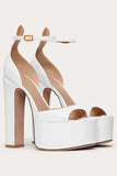 Open Toe Chunky High Heel Sandals Nude Patent Platform High Heels with Ankle Strap