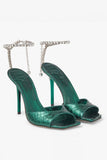 Emerald Croc-Embossed Stiletto Heels with Crystal Ankle Strap