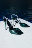 Emerald Croc-Embossed Stiletto Heels with Crystal Ankle Strap