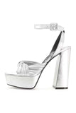Metallic Silver Leather Block Heel Platform Sandals with Ankle Strap