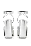 Metallic Silver Leather Block Heel Platform Sandals with Ankle Strap
