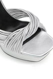 Metallic Silver Leather Block Heel Platform Sandals with Ankle Strap