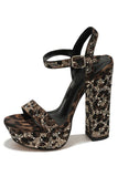 Coffee Leopard Beaded Open Toe Chunky High Heel Sandals