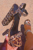 Coffee Leopard Beaded Open Toe Chunky High Heel Sandals
