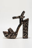 Coffee Leopard Beaded Open Toe Chunky High Heel Sandals
