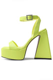 Open Toe Chunky Green Patent Platform High Heels with Ankle Strap