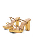 Golden Open Toe Beaded Chunky High Heel Sandals