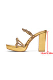 Golden Open Toe Beaded Chunky High Heel Sandals