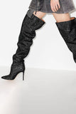 Sparkly Silver Knee High Stiletto High Heel Boots with Rhinestones