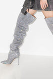 Sparkly Silver Knee High Stiletto High Heel Boots with Rhinestones