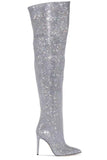 Sparkly Silver Knee High Stiletto High Heel Boots with Rhinestones