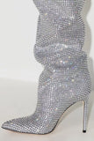 Sparkly Silver Knee High Stiletto High Heel Boots with Rhinestones