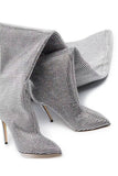 Sparkly Silver Knee High Stiletto High Heel Boots with Rhinestones