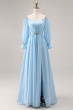 Off the Shoulder Sky Blue A Line Long Sleeve Bridesmaid Dress with Slit