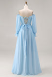 Off the Shoulder Sky Blue A Line Long Sleeve Bridesmaid Dress with Slit