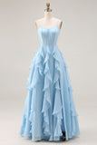 Sky Blue A Line Ruffled Corset Long Bridesmaid Dress with Slit