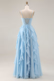 Sky Blue A Line Ruffled Corset Long Bridesmaid Dress with Slit
