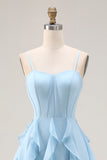 Sky Blue A Line Ruffled Corset Long Bridesmaid Dress with Slit