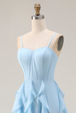Sky Blue A Line Ruffled Corset Long Bridesmaid Dress with Slit