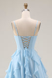 Sky Blue A Line Ruffled Corset Long Bridesmaid Dress with Slit