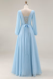 Sky Blue A Line V Neck Chiffon Long Sleeve Bridesmaid Dress