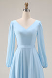 Sky Blue A Line V Neck Chiffon Long Sleeve Bridesmaid Dress