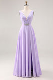 Lilac A Line Sequin Applique Long Bridesmaid Dress with Slit