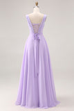 Lilac A Line Sequin Applique Long Bridesmaid Dress with Slit