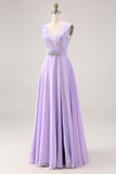 Lilac A Line Sequin Applique Long Bridesmaid Dress with Slit
