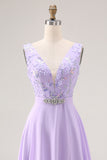 Lilac A Line Sequin Applique Long Bridesmaid Dress with Slit